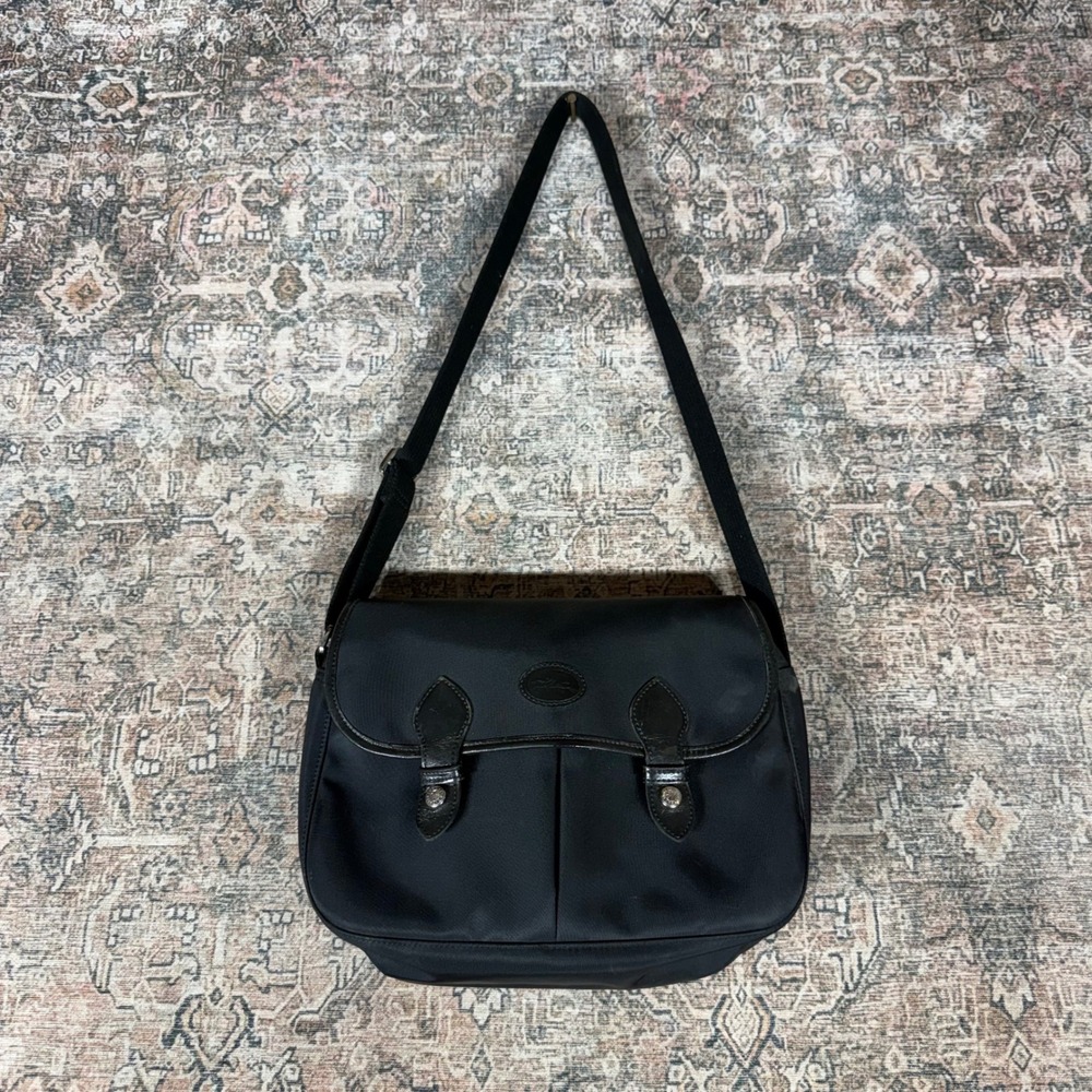 Longchamp Black Nylon Leather Trim Messenger Crossbody Bag Silver Hardware